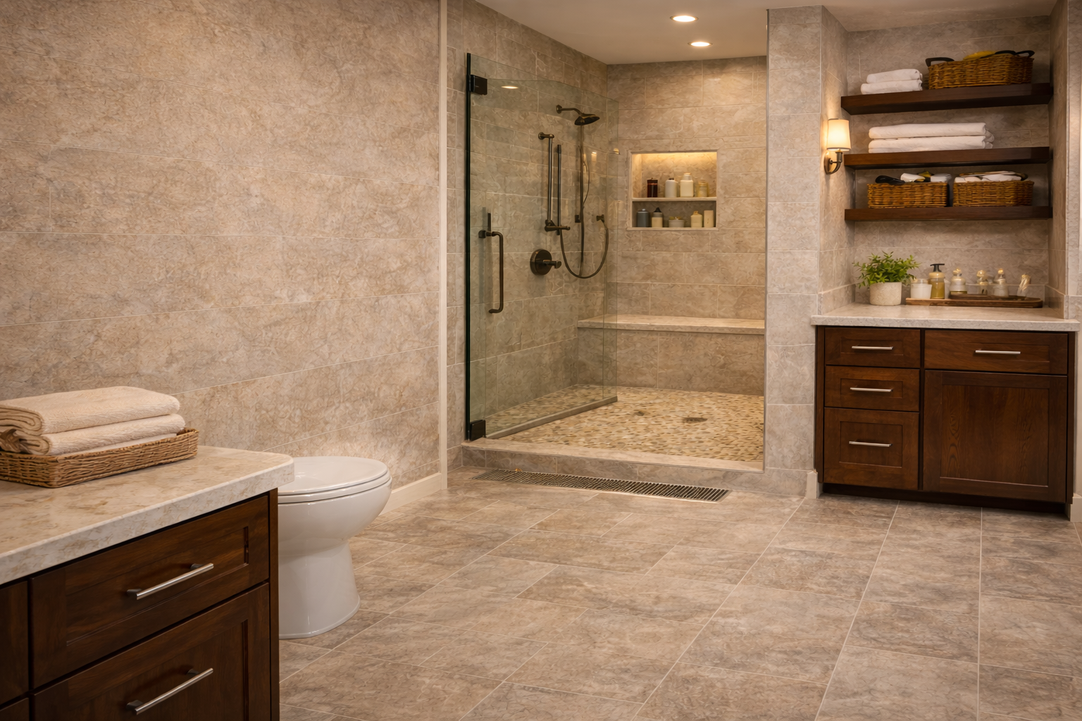 Bathroom flooring planning graphic with material comparisons, tile and plank options, slip resistance, and layout notes
