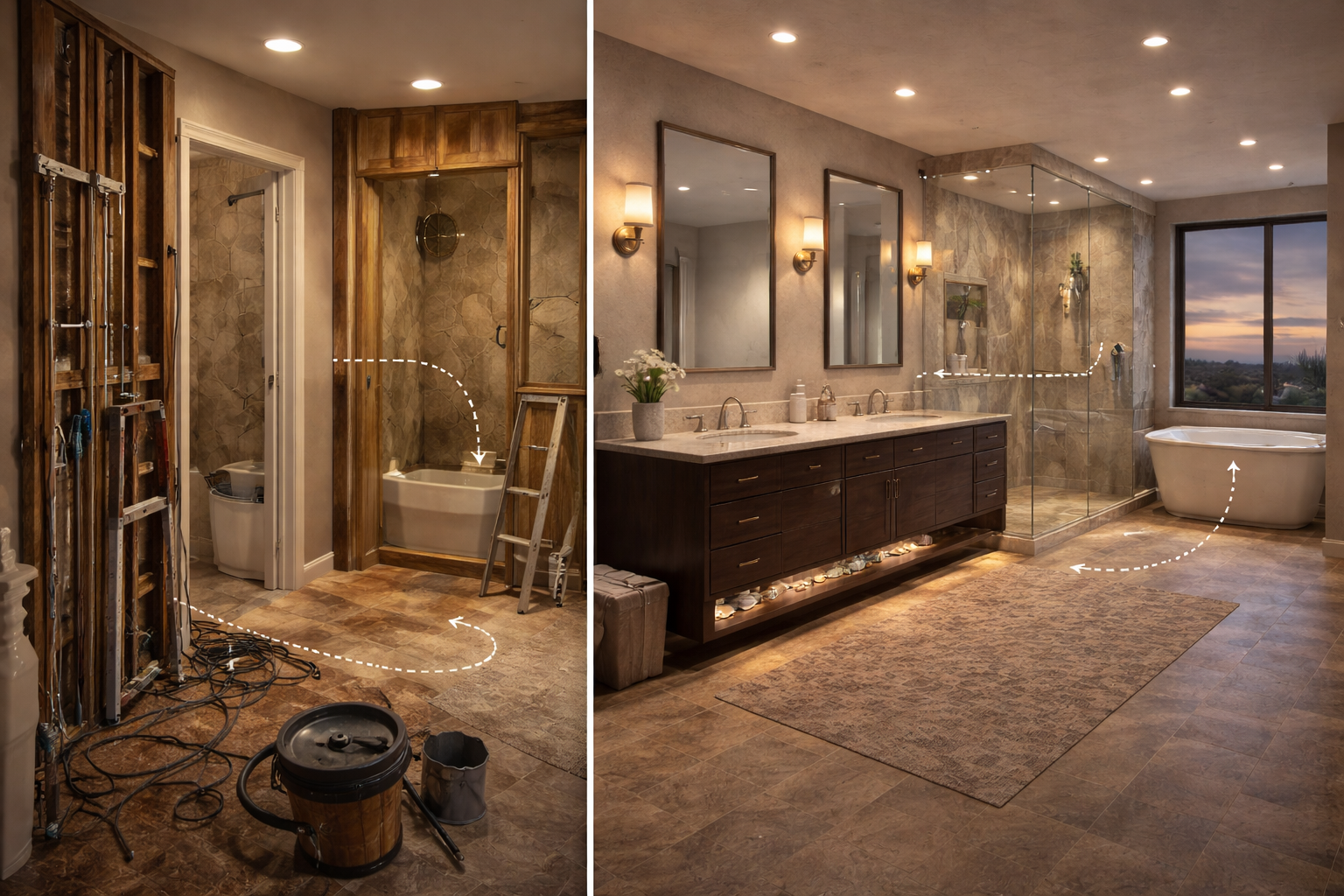 Bathroom layout planning graphic with fixture relocation options, circulation paths, wall changes, and clearance measurements