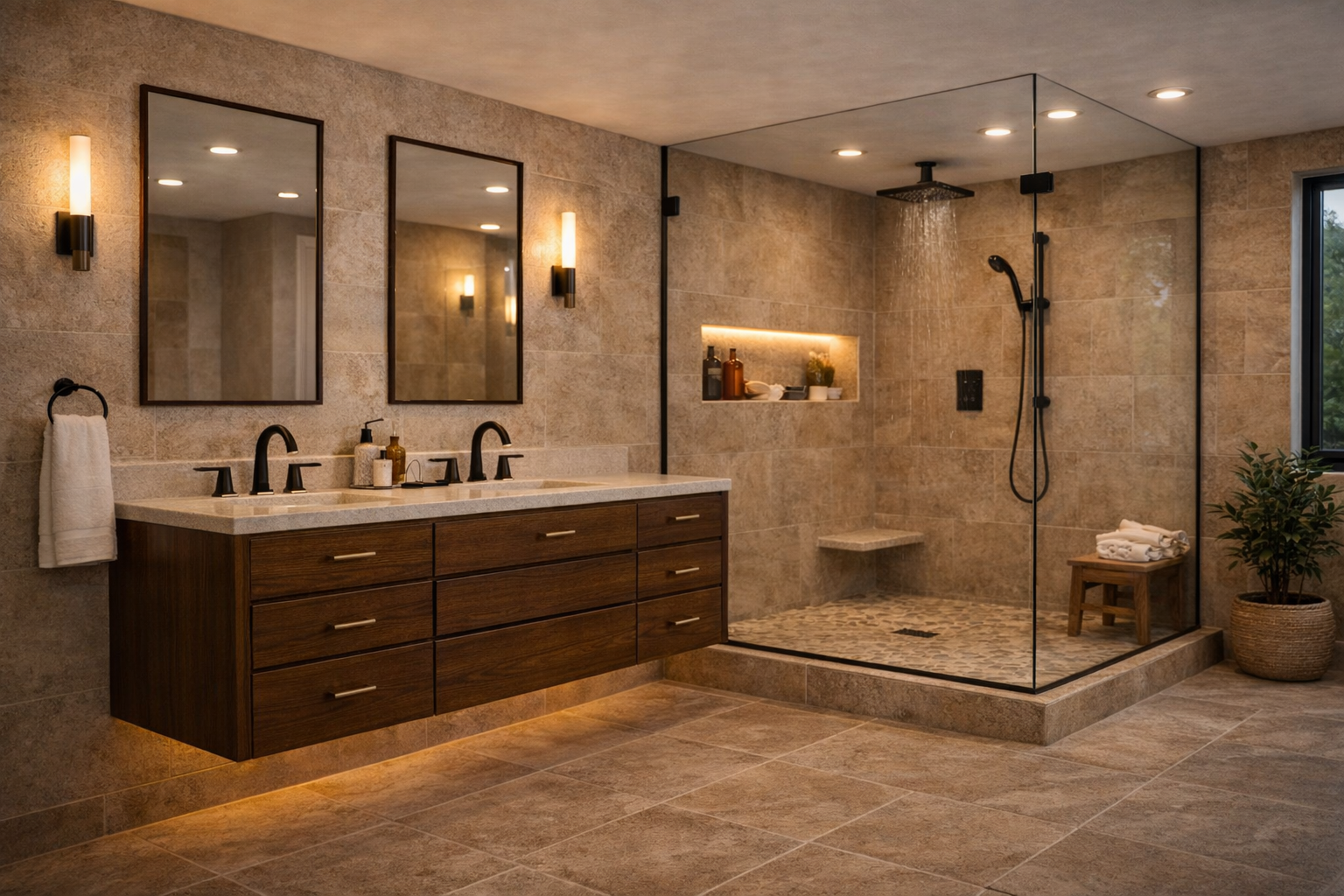 Reno bathroom remodeling overview showing updated layout, durable finishes, and a bathroom design suited to everyday home use