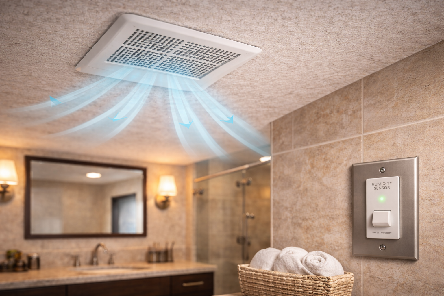 Bathroom ceiling exhaust fan pulling moisture out of the room with a nearby humidity-sensing wall control