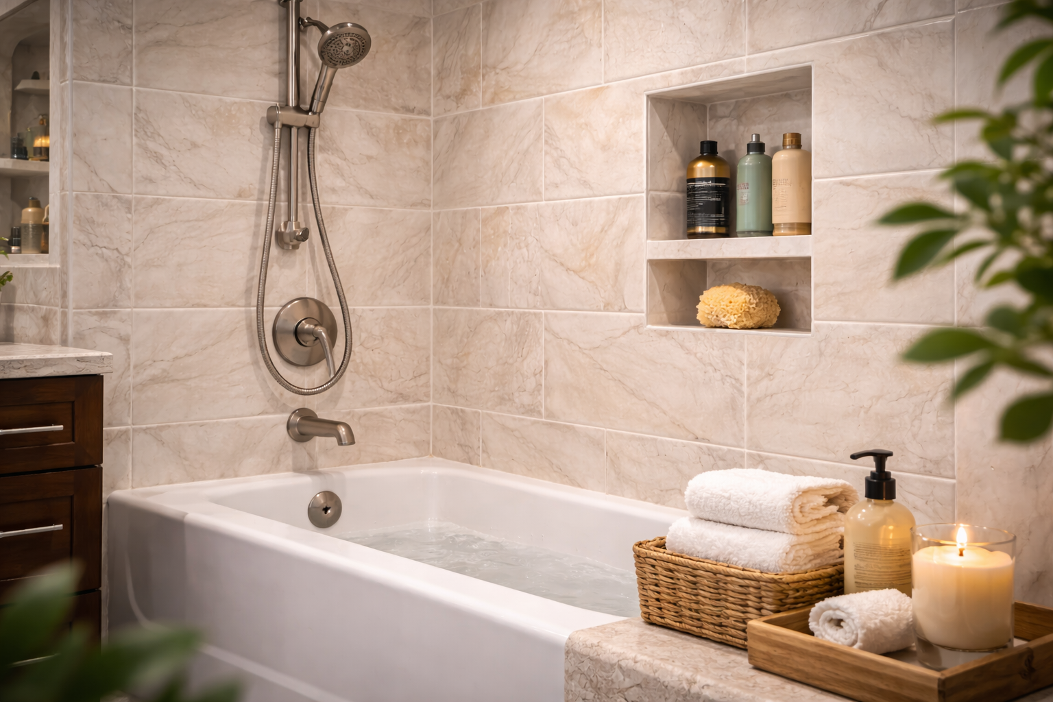 Bathtub remodel planning graphic with tub style options, bathroom layout, fixture placement, and clearance notes