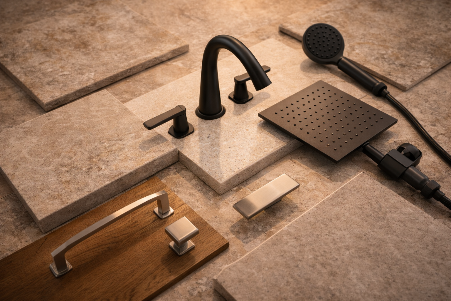 Las Vegas bathroom finishes with glass shower, modern lighting, matte black fixtures, and durable tile surfaces