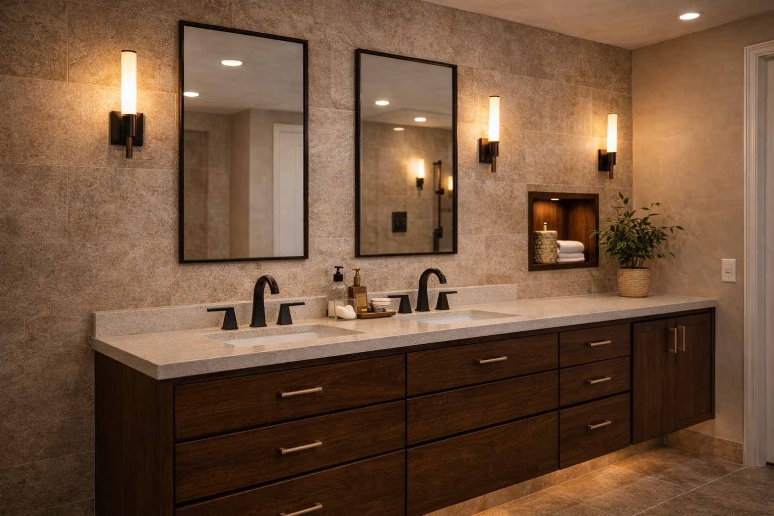 Reno bathroom finishes with updated lighting, practical fixtures, durable surfaces, and a clean modern layout