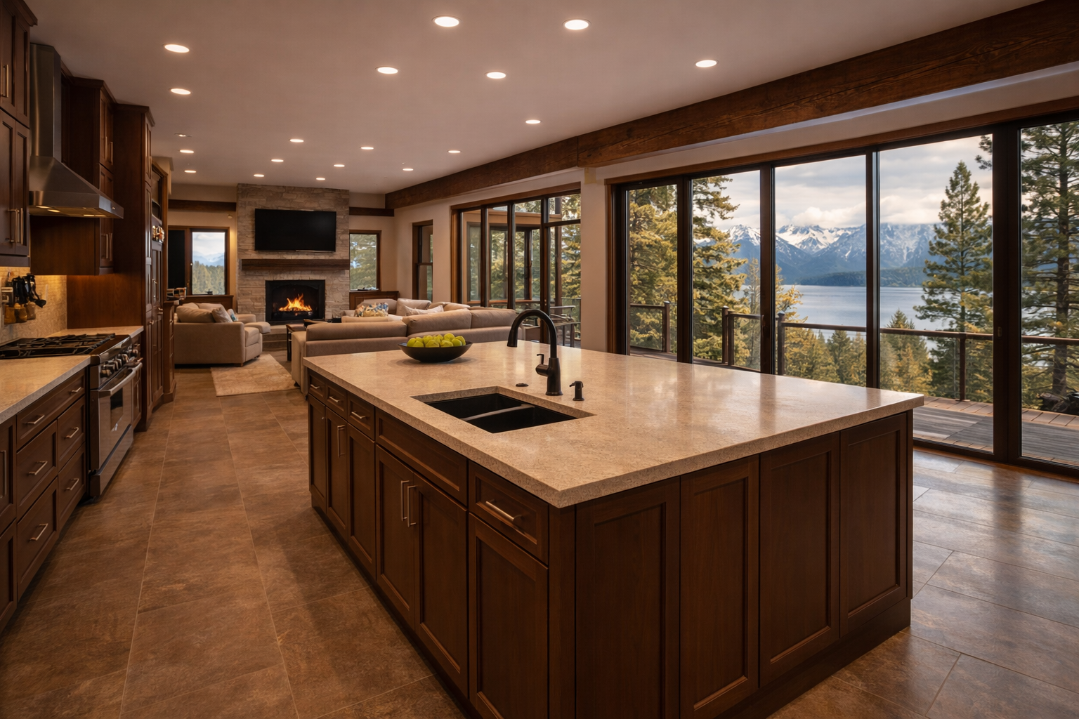 Incline Village kitchen layout designed for views and flow with large island sink, open living space, fireplace, and expansive glass doors overlooking Lake Tahoe