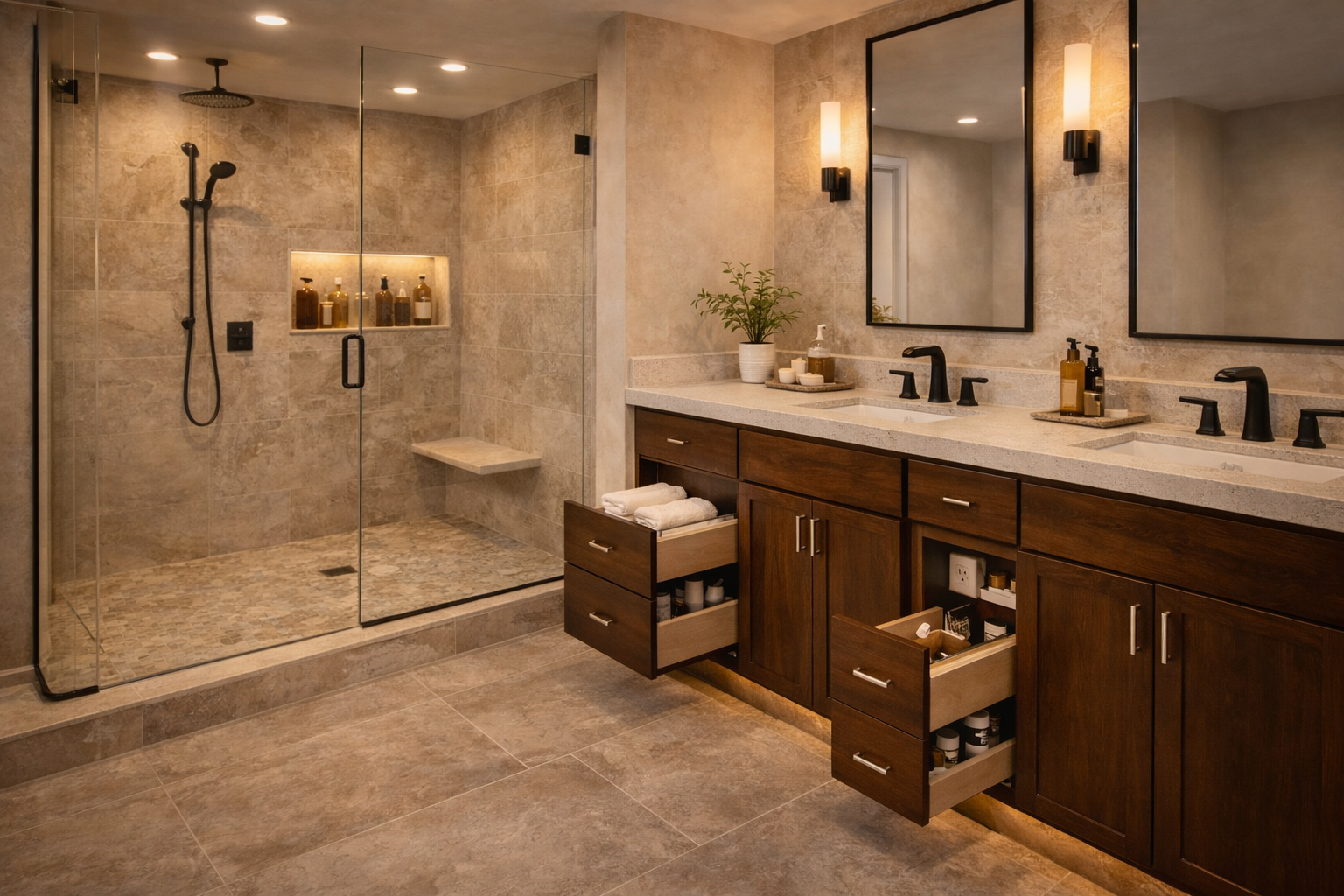 Las Vegas bathroom layout image with walk-in shower, improved vanity storage, and better space use in a modern home
