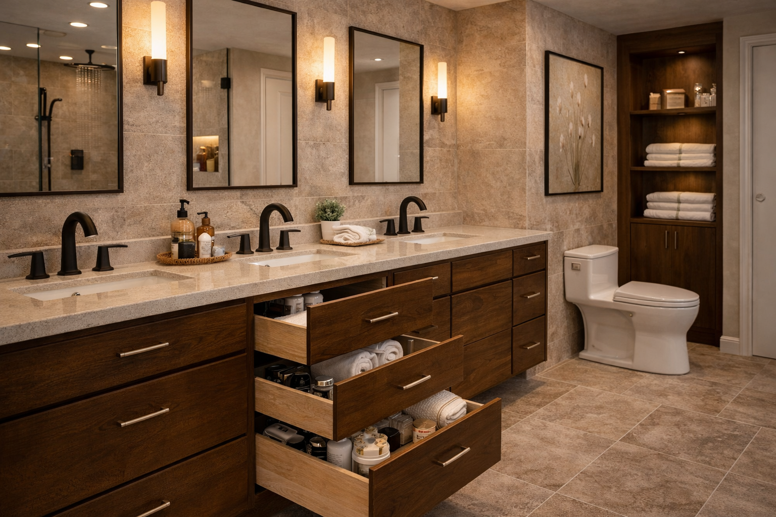 Reno bathroom layout image with improved shower space, vanity storage, and better circulation in a remodeled home