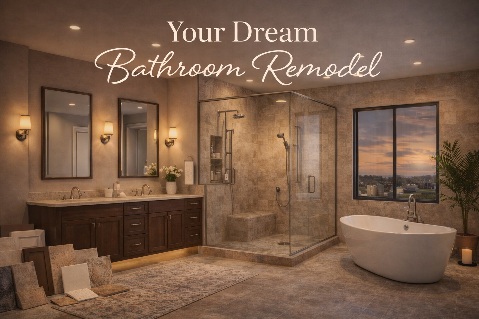 luxury bathroom remodel with walk in glass shower freestanding soaking tub double vanity and modern tile flooring