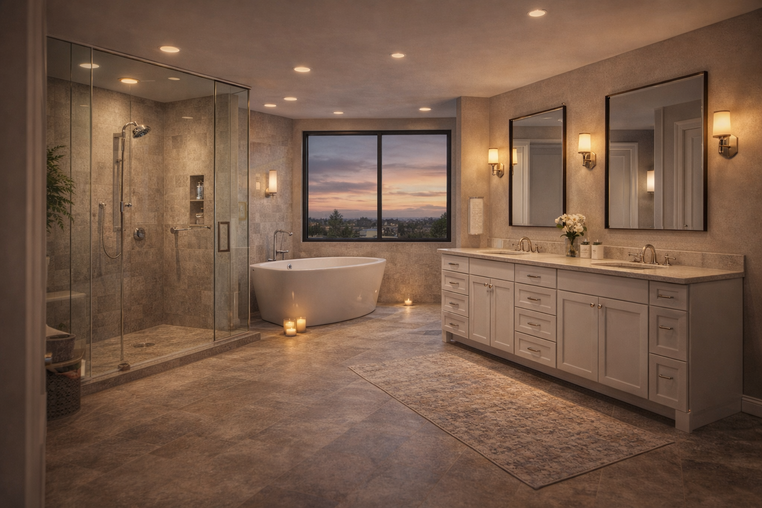 luxury bathroom remodel with walk in glass shower freestanding soaking tub double vanity and modern tile flooring