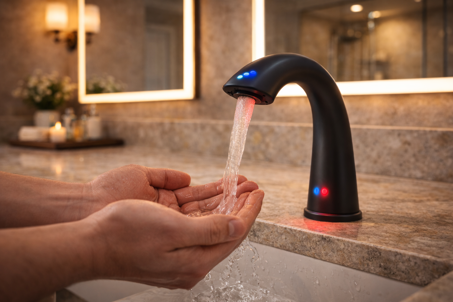 Bathroom faucet upgrades with touchless controls, premium finishes, coordinated drains, improved aerators, and matching shower hardware