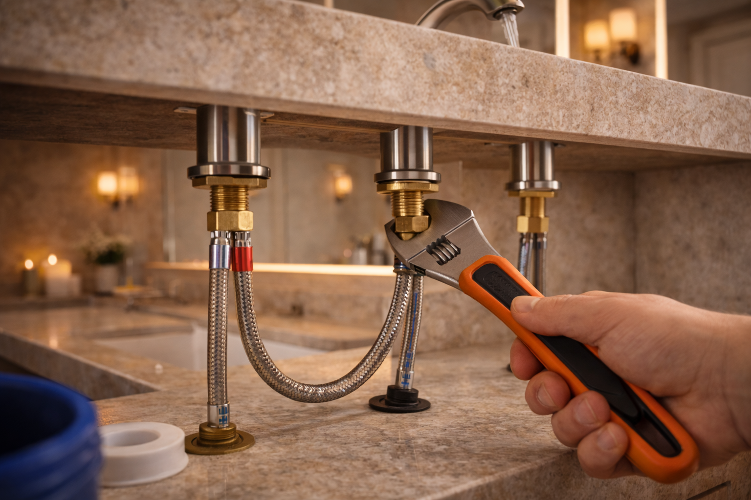 Bathroom faucet installation with hole alignment, supply line routing, sink fit, handle clearance, and waterproof sealing details