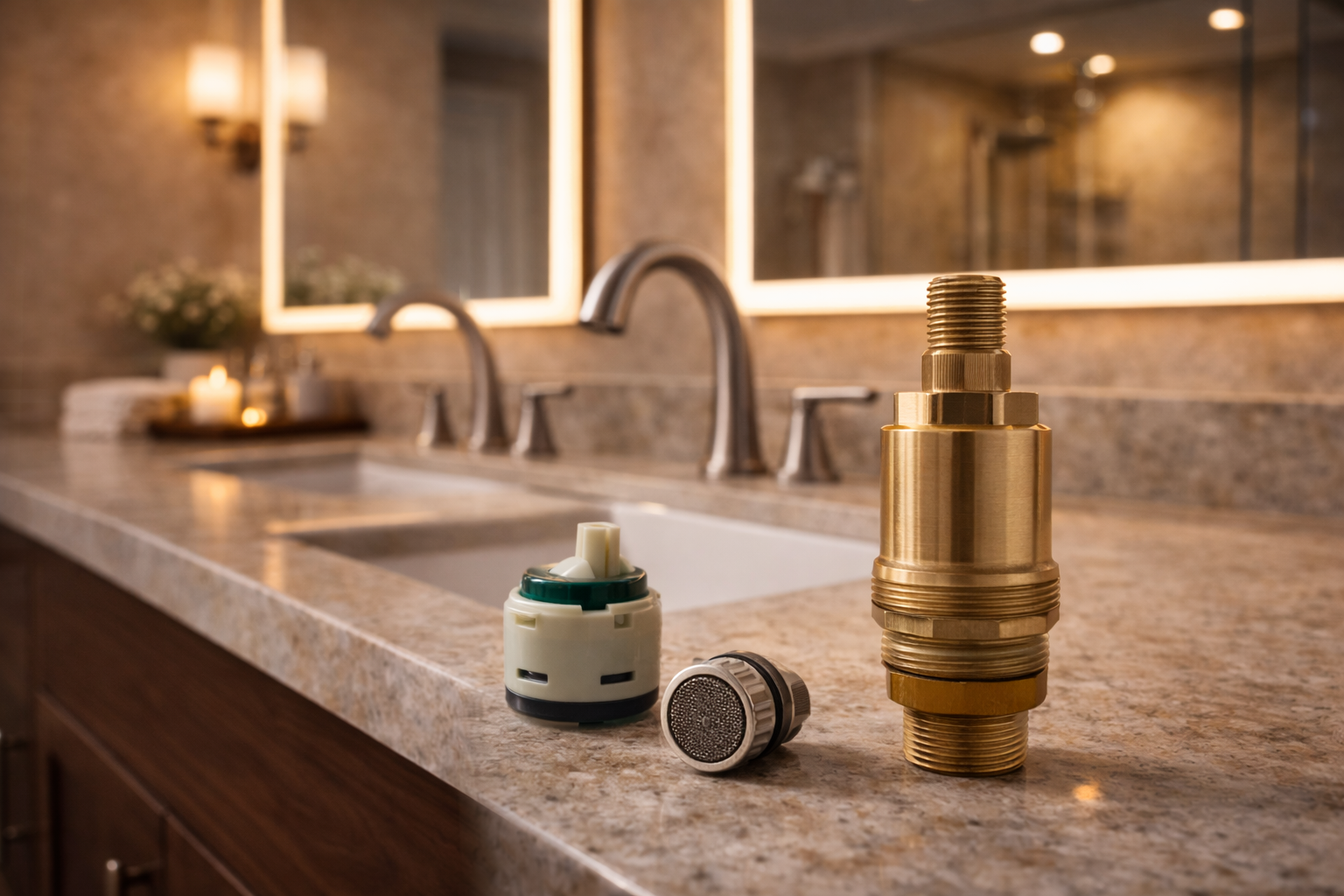 Bathroom faucet materials and components including valve bodies, spouts, handles, cartridges, finish coatings, and drain assemblies
