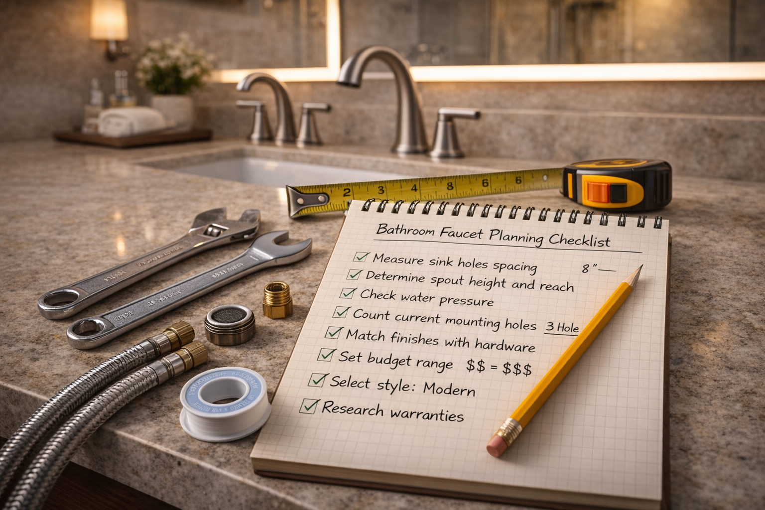 Bathroom faucet remodel planning with sink type, hole configuration, finish selection, spout reach, and fixture coordination