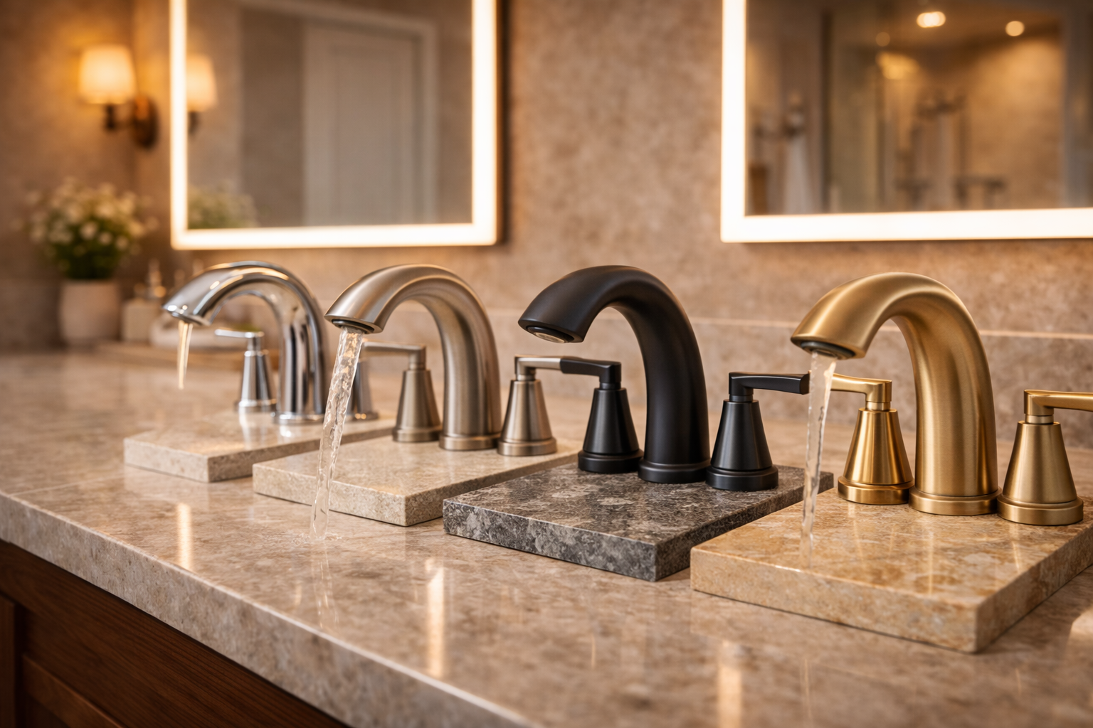 Bathroom faucet finish options with chrome, brushed nickel, matte black, brass, and different style pairings for vanity fixtures
