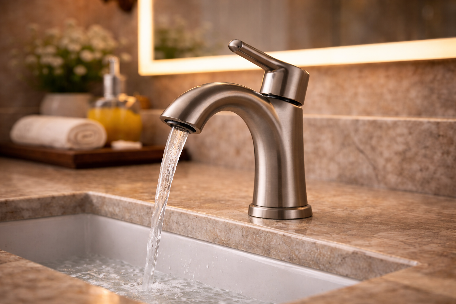 Bathroom faucet design with coordinated sink hardware, vanity surface, and a finished fixture layout at the basin