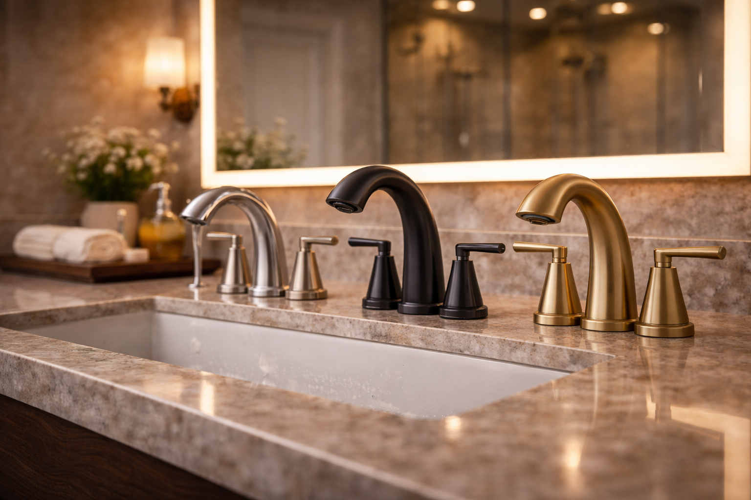 Bathroom faucet planning graphic with faucet styles, hole spacing, finish options, and sink layout notes