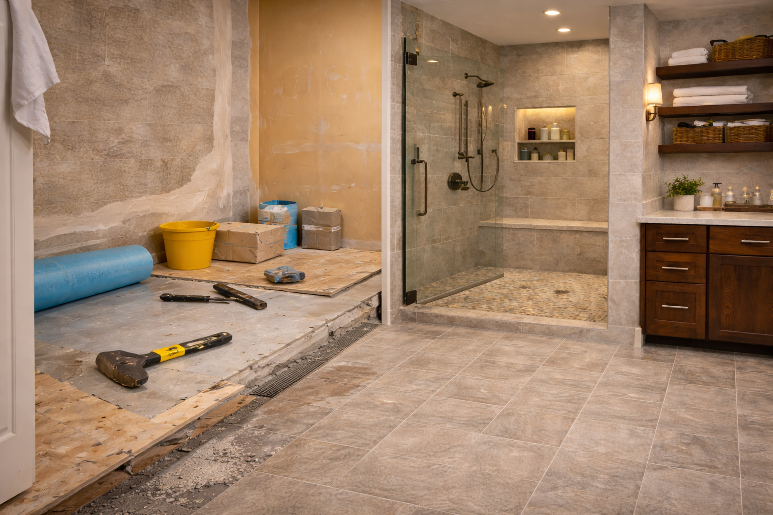 Bathroom flooring remodel with updated surface, coordinated fixtures, and a durable finish designed for wet areas