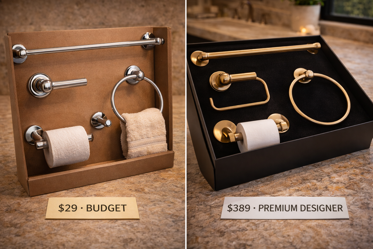 Bathroom hardware cost factors including finish quality, accessory count, material grade, specialty hardware, and installation labor