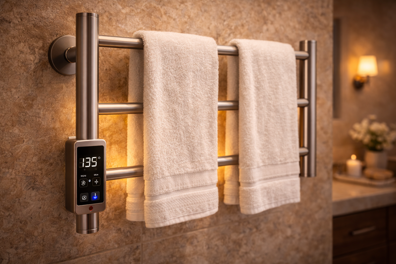 Bathroom hardware upgrades with heated towel bars, double hooks, coordinated sets, grab bars, and specialty accessory features