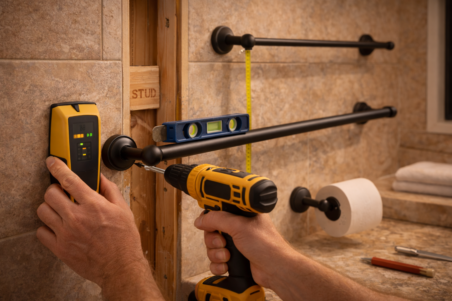 Bathroom hardware installation with wall anchoring, mounting height, stud location, alignment, and finish protection details