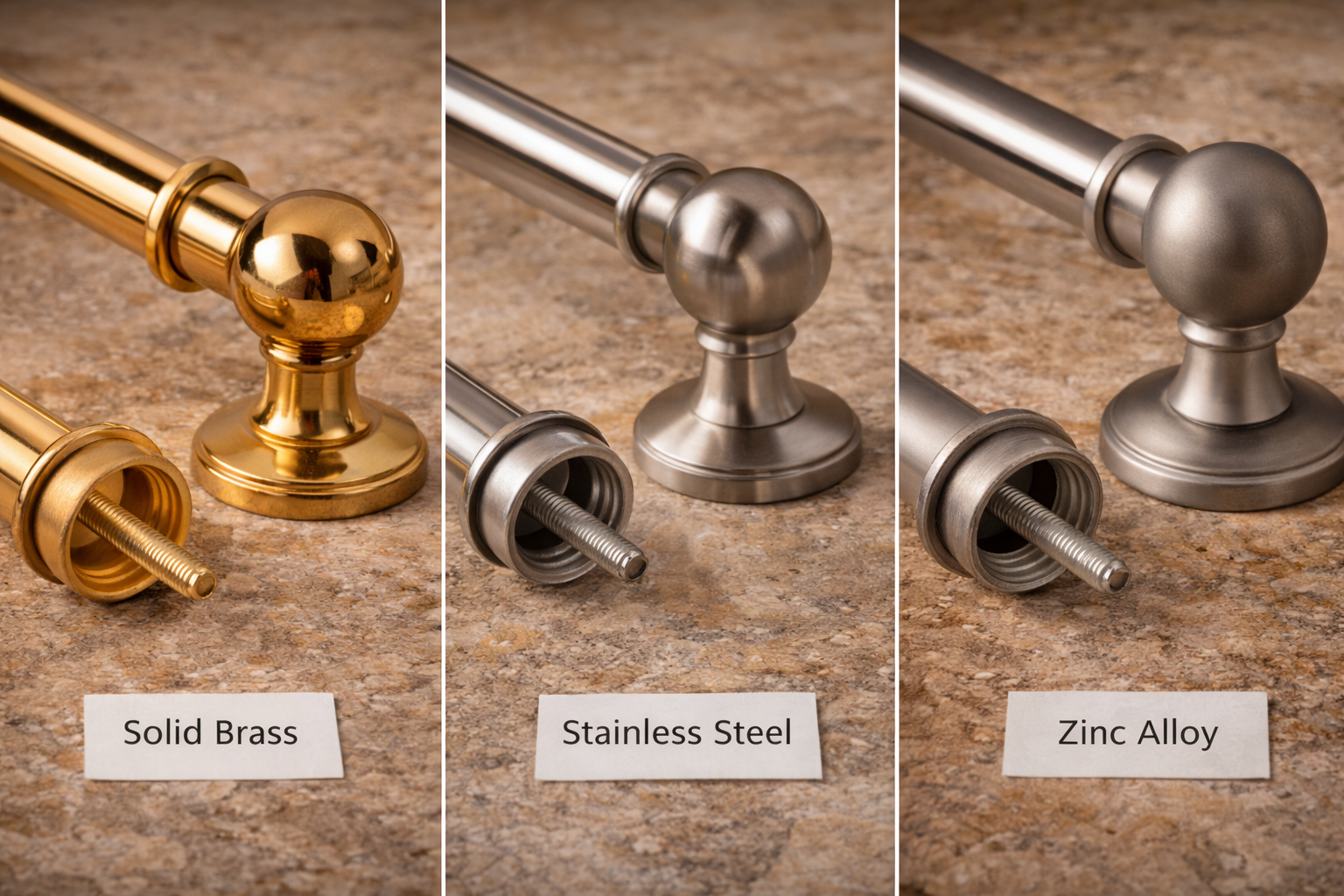 Bathroom hardware materials and components including solid brass, stainless steel, zinc alloy, mounting brackets, and accessory pieces