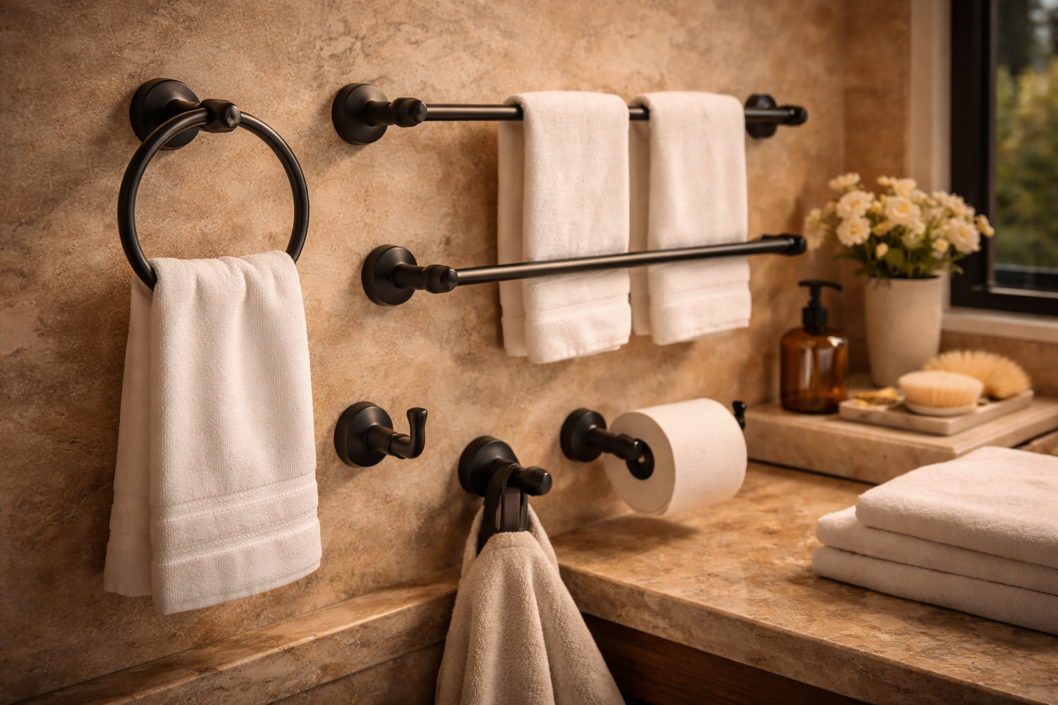Bathroom hardware set with towel bars, hooks, toilet paper holder, cabinet pulls, and coordinated fixture finishes
