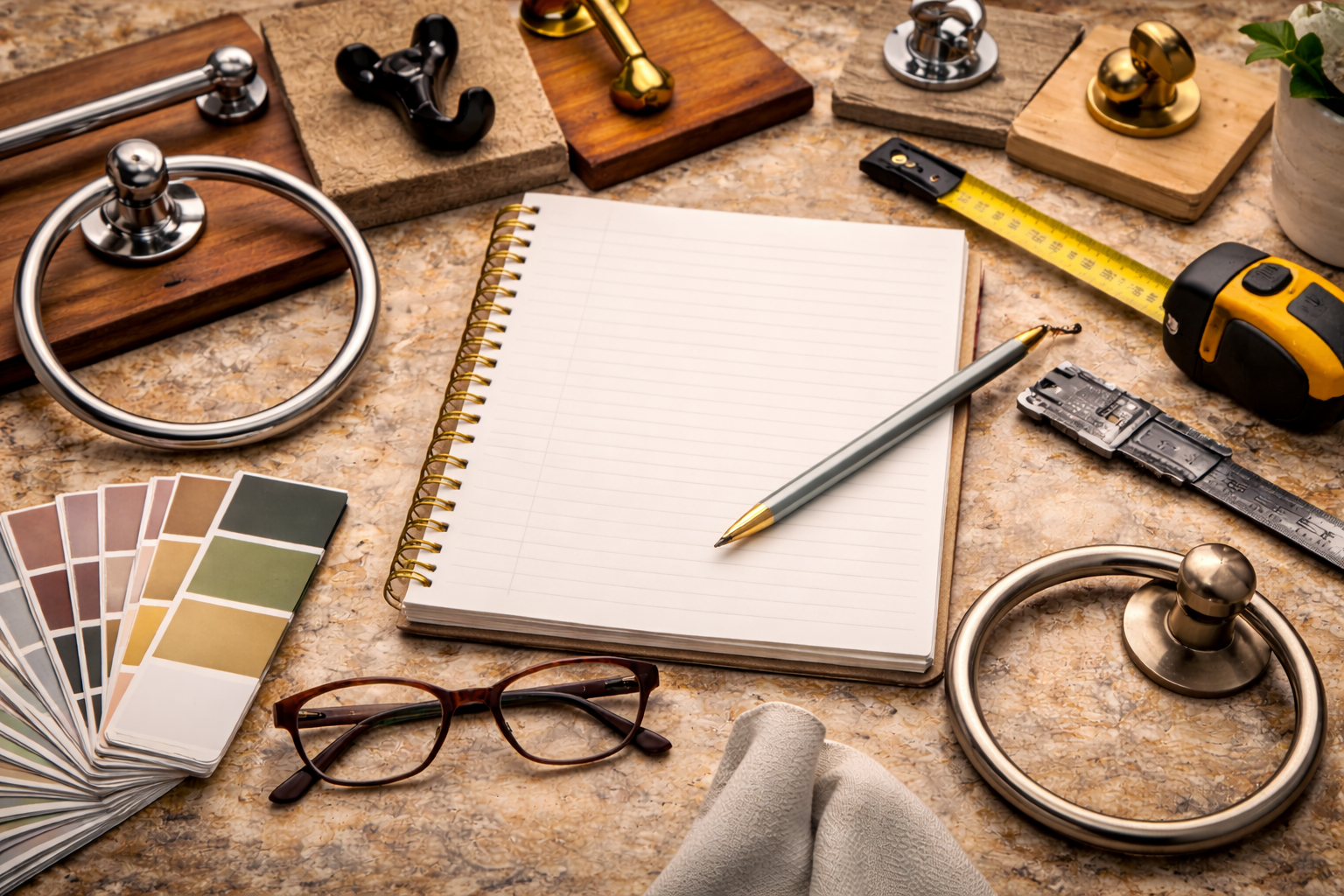 Bathroom hardware planning with finish selection, mounting heights, wall locations, accessory needs, and fixture coordination