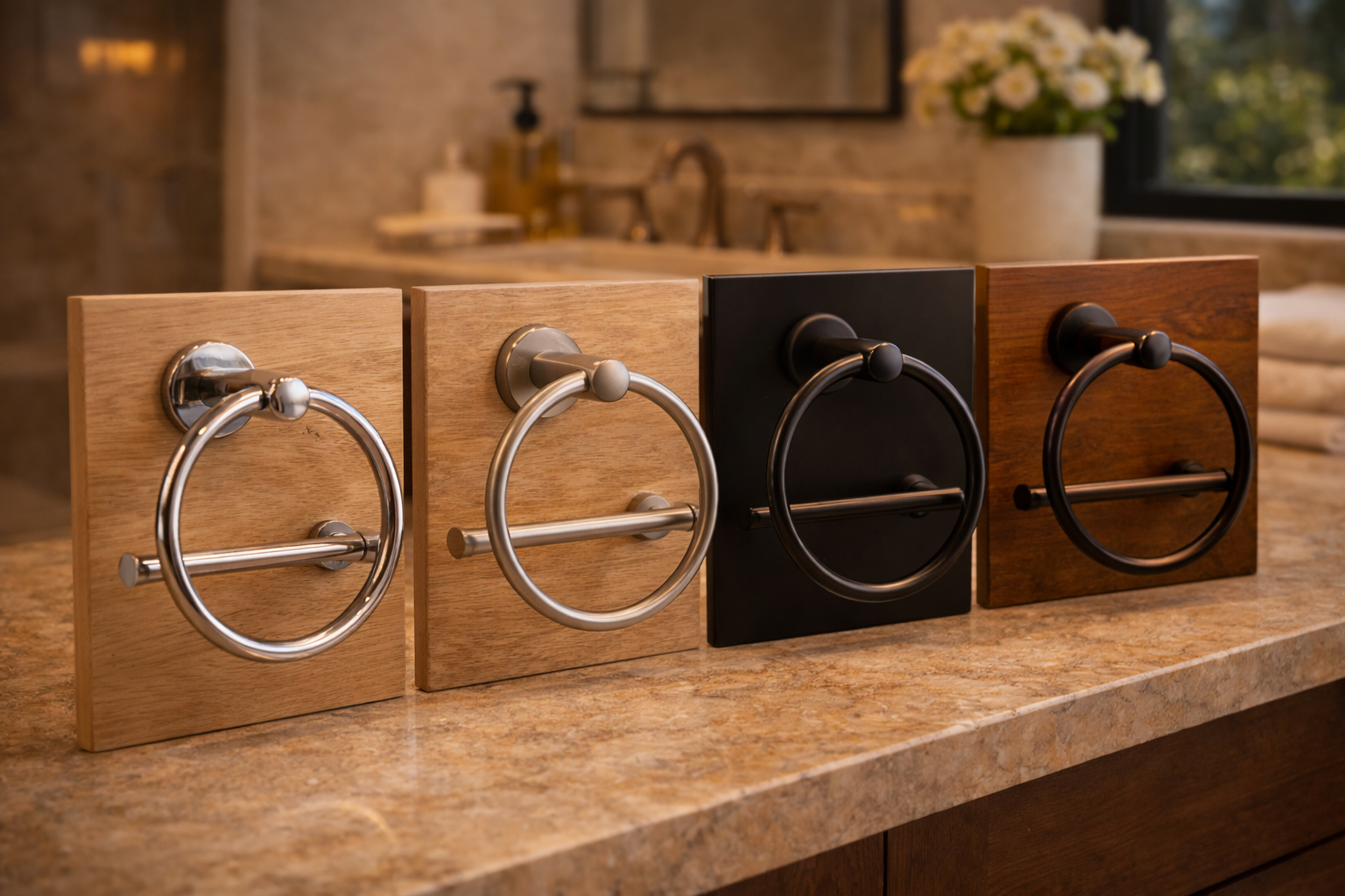 Bathroom hardware finish options with chrome, brushed nickel, matte black, bronze, and coordinated accessory styling