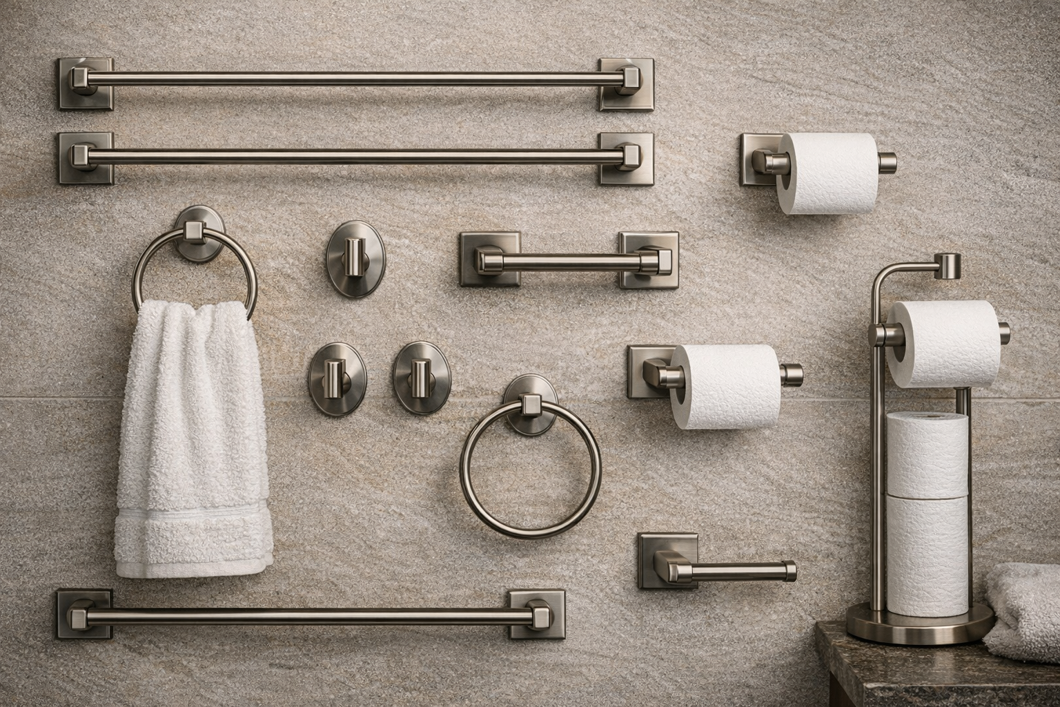 Bathroom hardware planning graphic with finish comparisons, mounting locations, fixture coordination, and accessory layout notes