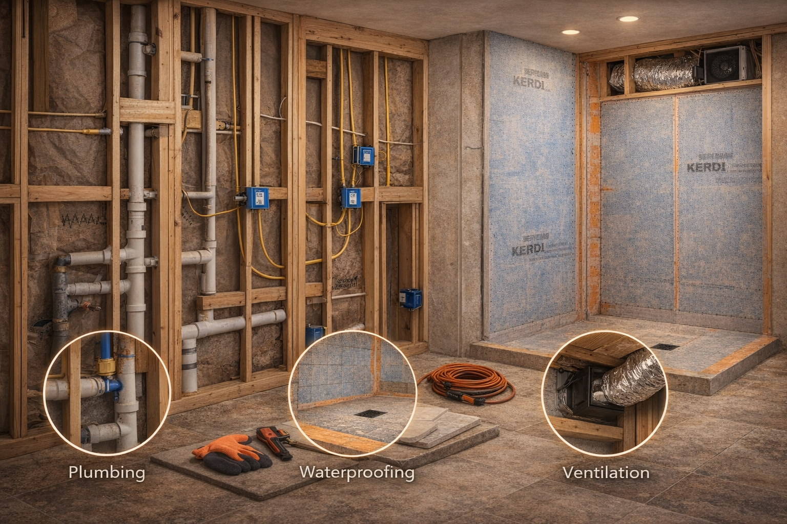 bathroom remodel construction showing plumbing waterproofing system and ventilation installation behind walls and shower area