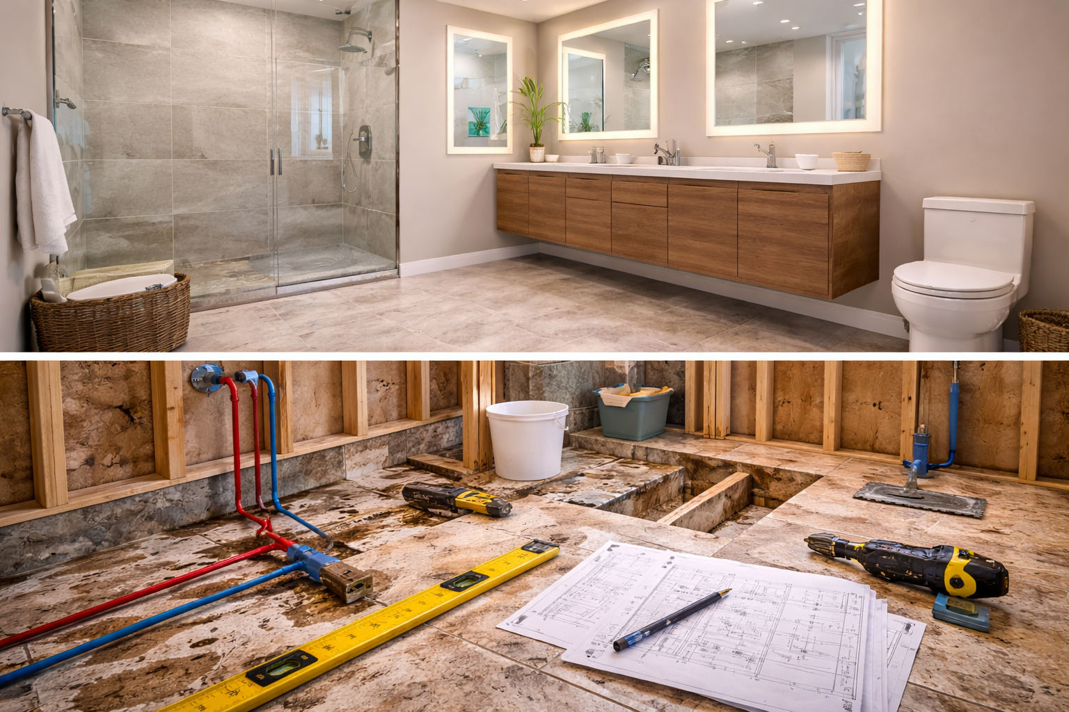 Bathroom layout change design showing repositioned vanity, toilet, and shower areas for better flow and function