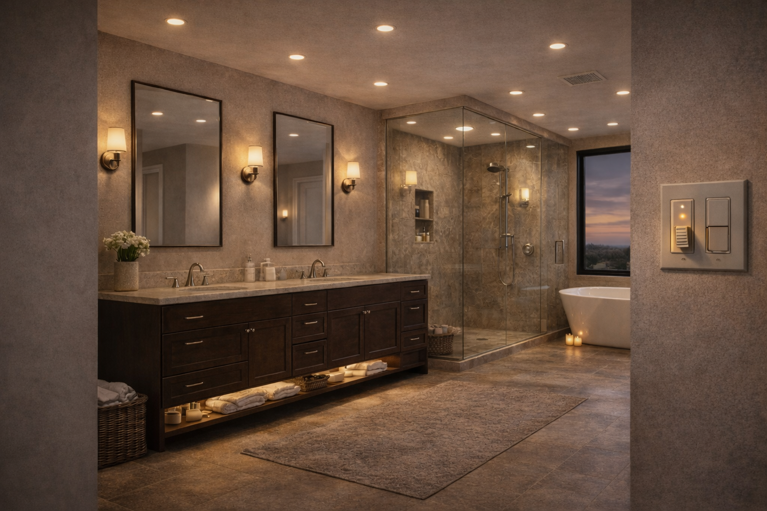 Bathroom lighting design with vanity fixtures, overhead lighting, and balanced illumination around the sink and shower areas