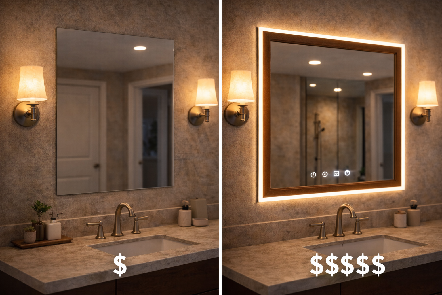 Bathroom mirror cost factors including size, frame style, lighting features, storage integration, and installation labor