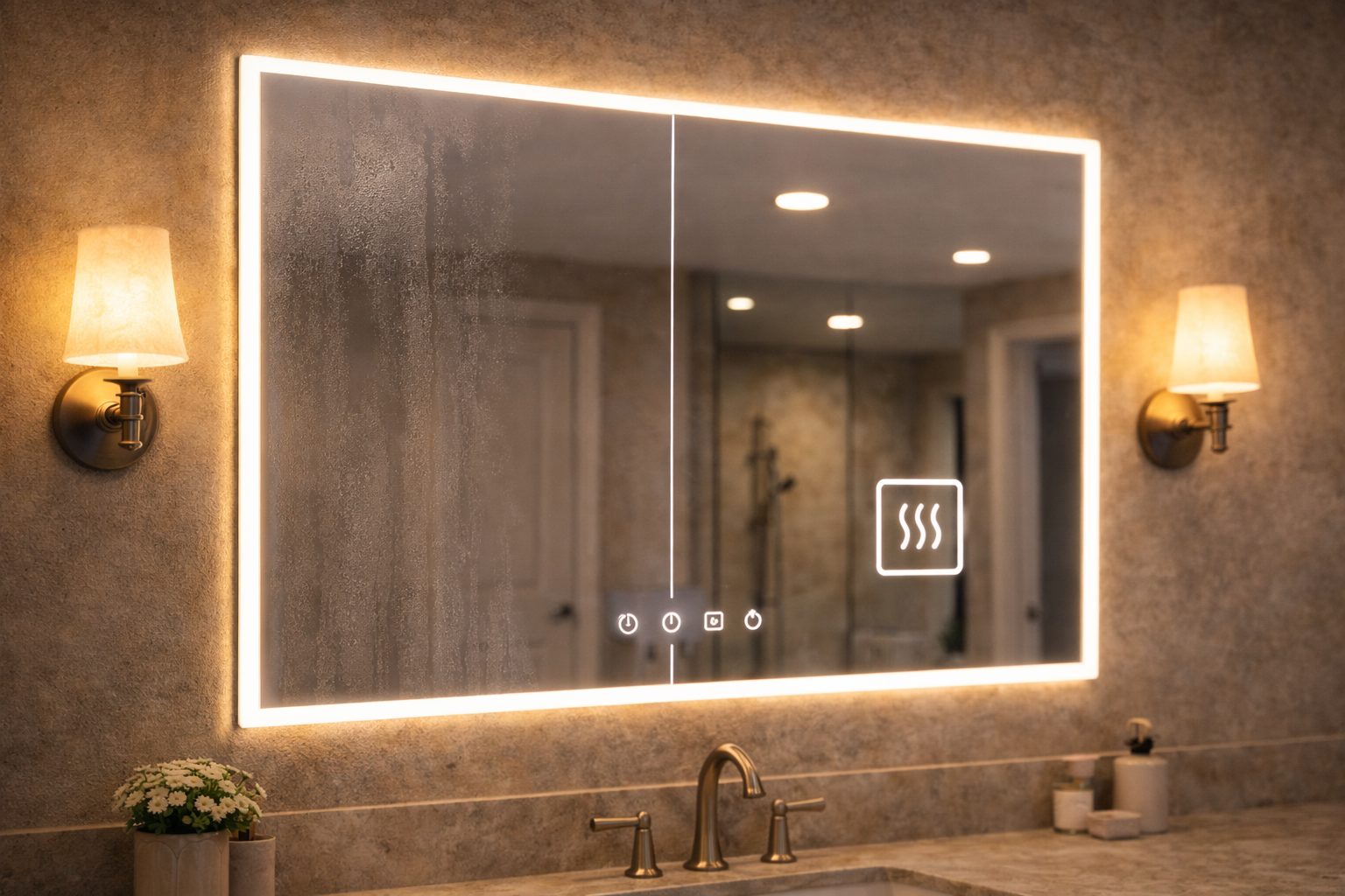 Bathroom mirror upgrades with backlighting, anti-fog features, storage integration, decorative frames, and dual-sink mirror layouts