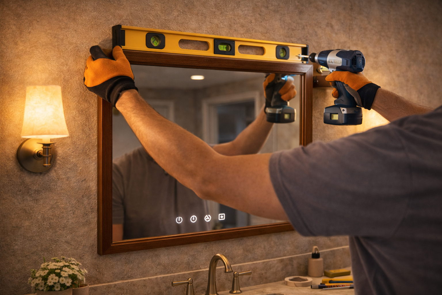 Bathroom mirror installation with mounting height, wall anchoring, lighting alignment, vanity centering, and moisture-safe placement