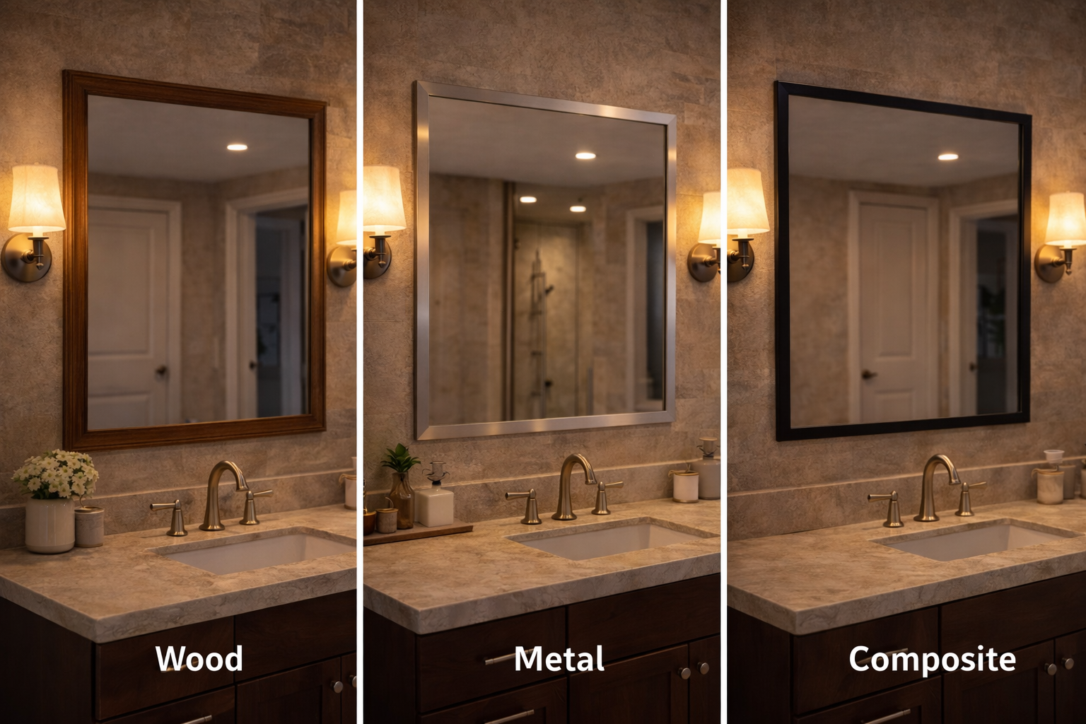 Bathroom mirror materials and components including glass, frames, backing, mounting hardware, lighting integration, and edge finishes