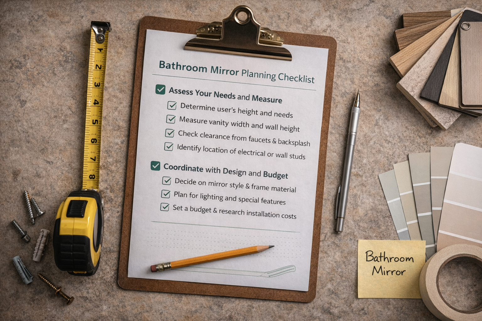 Bathroom mirror remodel planning with vanity width, mirror size, lighting layout, mounting height, and style coordination