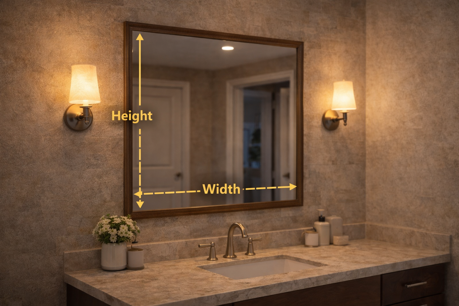 Bathroom mirror layout plan showing mirror width, vanity centering, sconce spacing, and wall clearance around fixtures