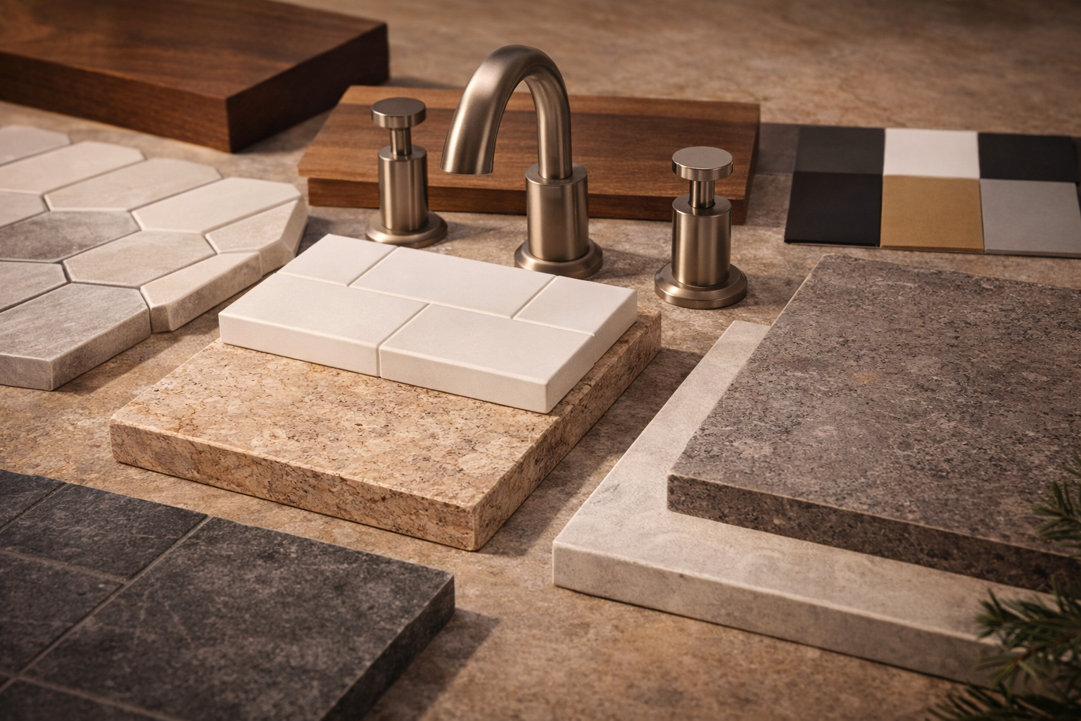 bathroom remodeling material samples including tile stone countertops wood finishes and modern faucet fixturehttps://www.remodelingstudios.com/wp-content/uploads/2026/03/bathroom-remodeling-materials-and-components.png