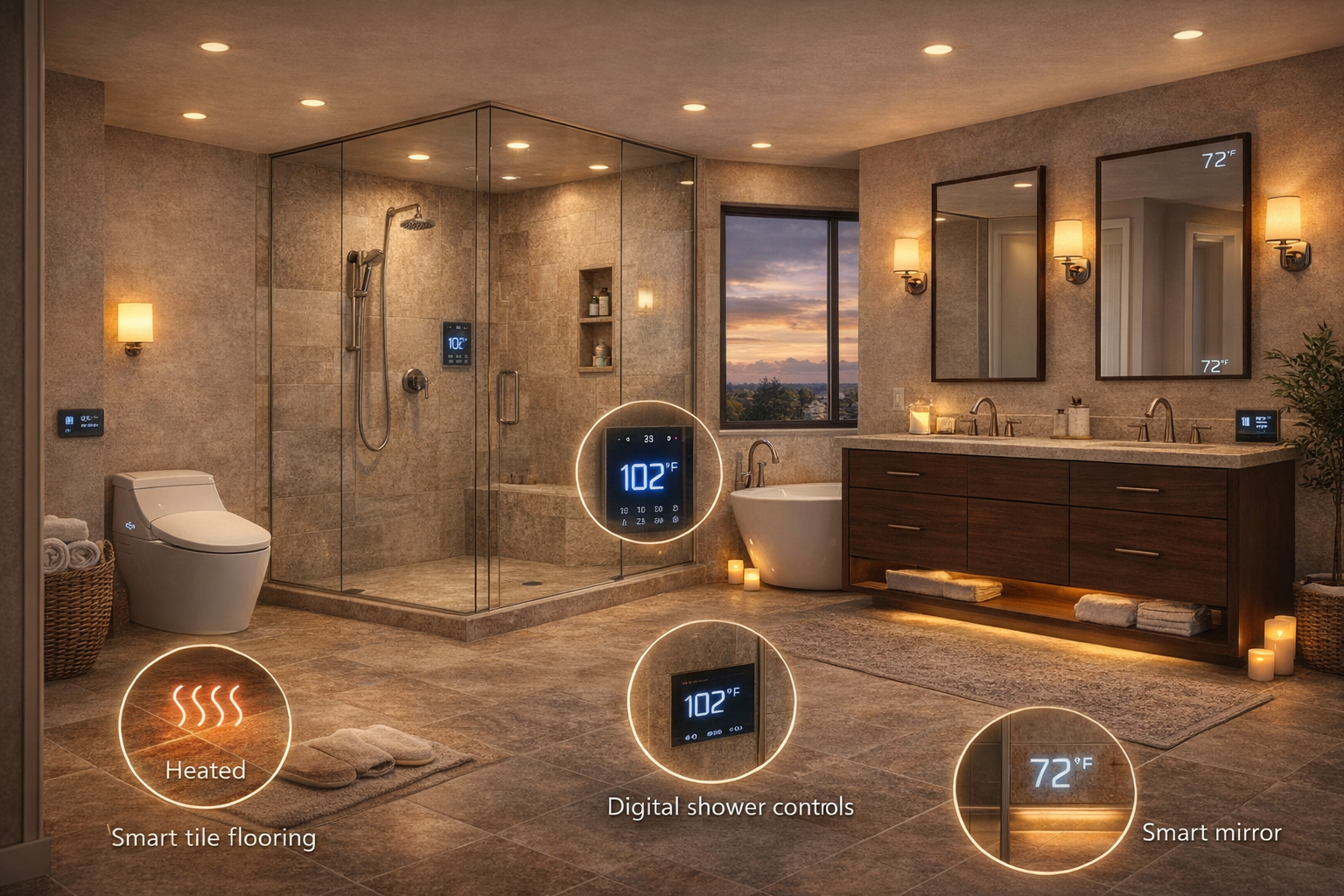 modern bathroom remodel with smart technology including heated tile floors digital shower controls and smart mirror lighting
