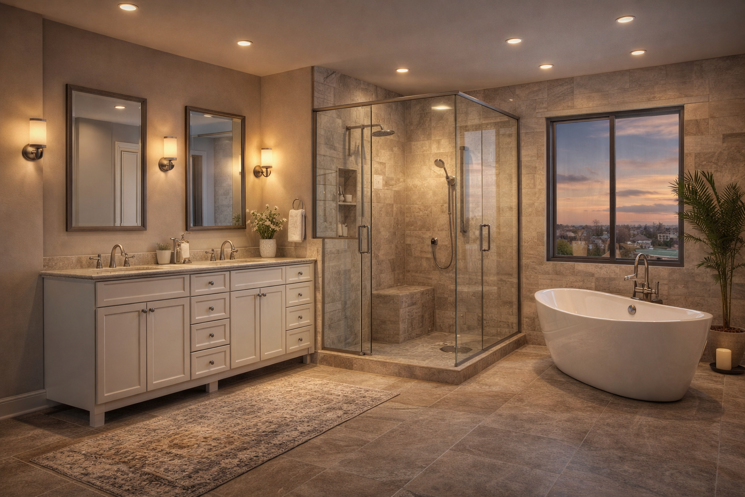 modern bathroom remodel with double vanity glass walk in shower and freestanding bathtub with tile flooring and warm lighting