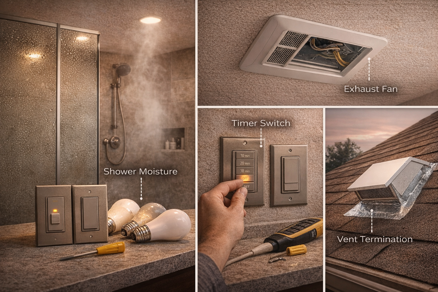 Bathroom ventilation overview with shower steam, ceiling exhaust fan, timer switch, and exterior vent cap