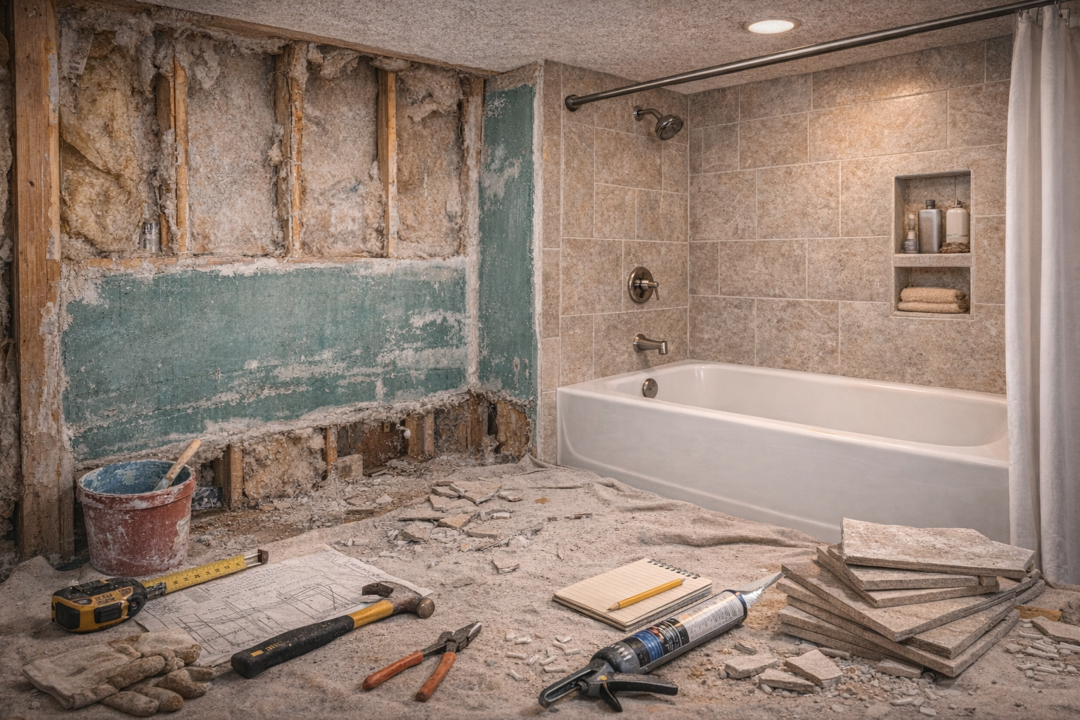 Bathroom bathtub remodel with updated tub, surrounding finishes, coordinated fixtures, and an improved bathing layout
