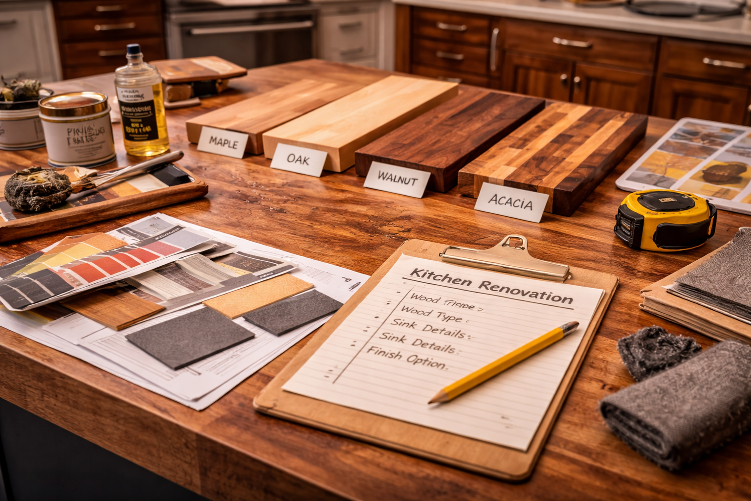 Butcher block countertop planning graphic with wood species options, edge styles, sink cutouts, and kitchen layout notes