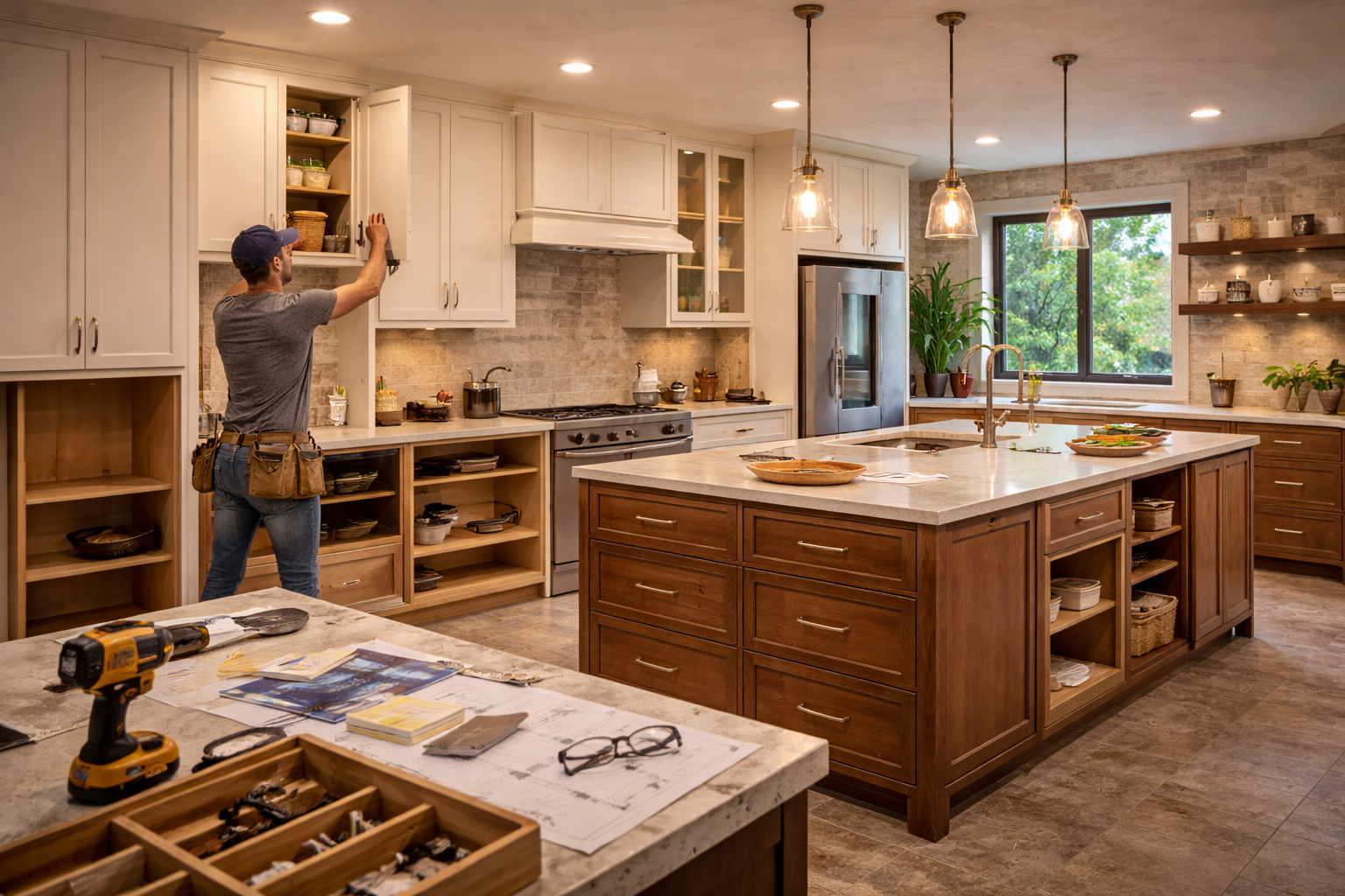 Kitchen cabinet remodel with updated door styles, new storage features, coordinated finishes, and a refined wall-to-wall layout