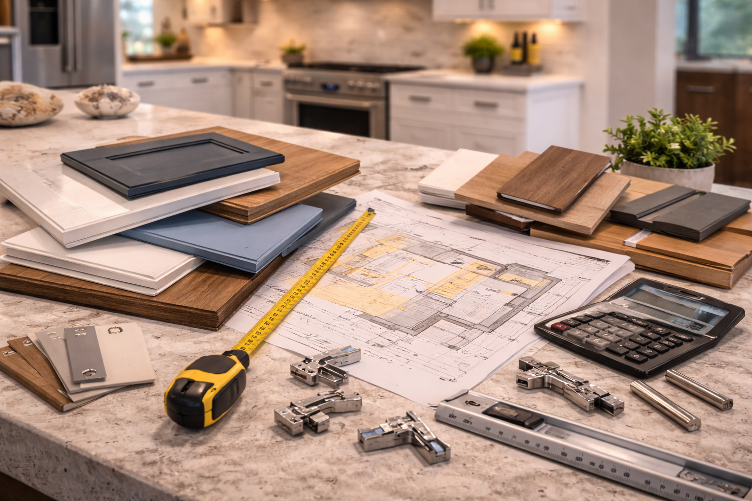 Cabinet remodel planning graphic with door style comparisons, storage upgrades, finish options, and kitchen layout notes