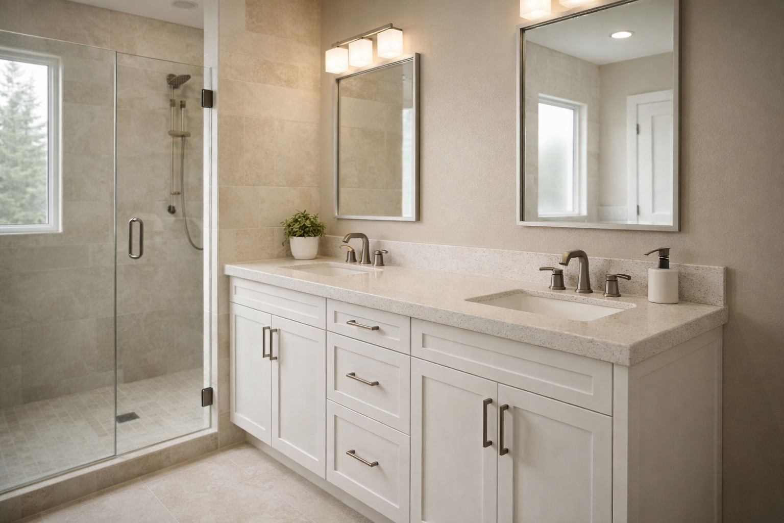 carson city bathroom remodel with white shaker vanity quartz countertop brushed nickel fixtures and walk in glass shower with neutral tile