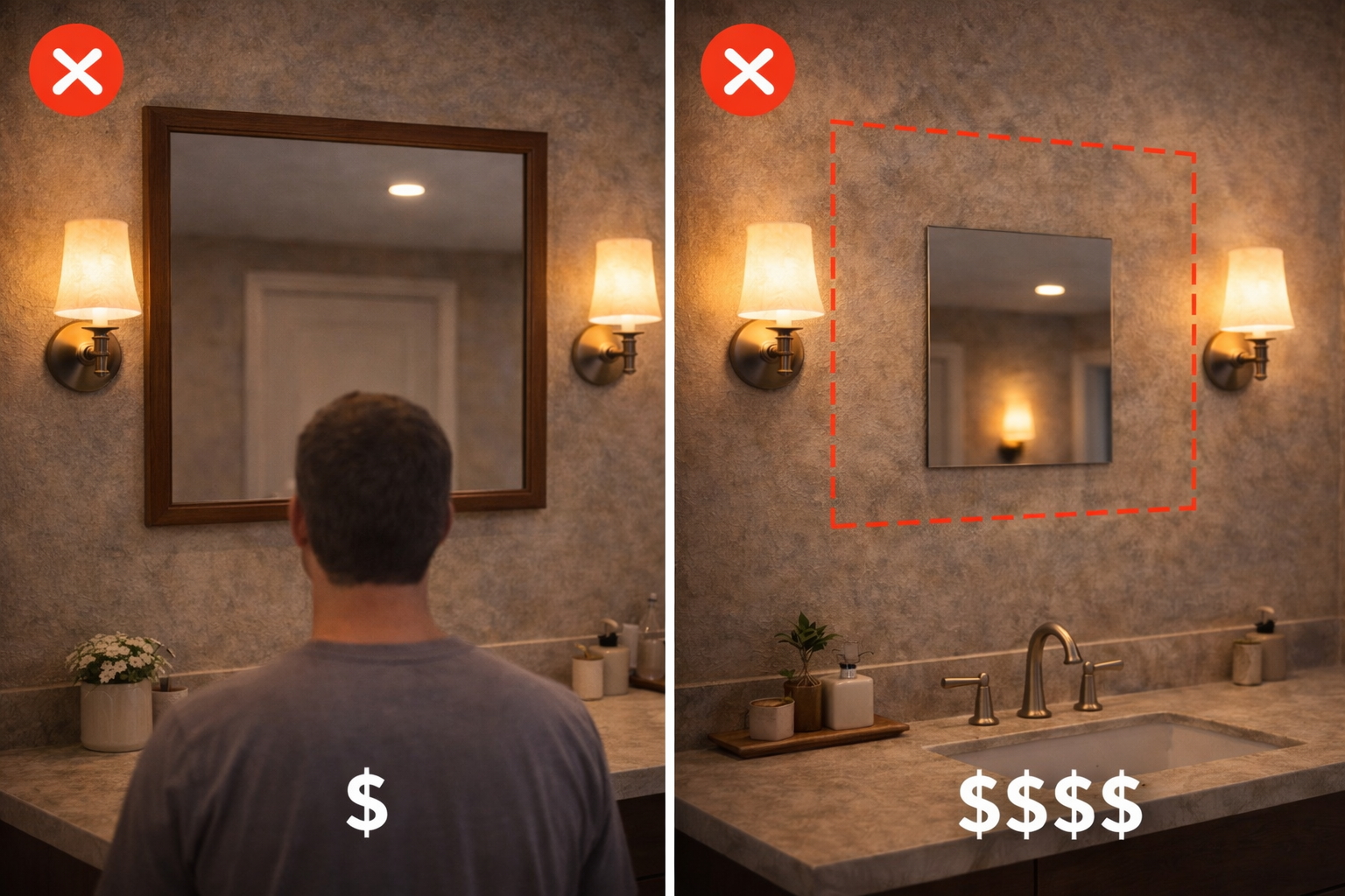 Bathroom mirror mistakes such as wrong sizing, poor lighting placement, bad centering, and mismatched vanity proportions