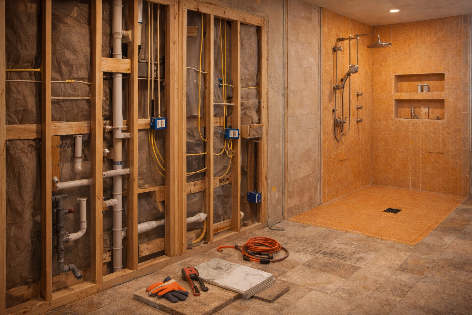 bathroom remodel construction showing exposed plumbing electrical framing and walk in shower installation in progress
