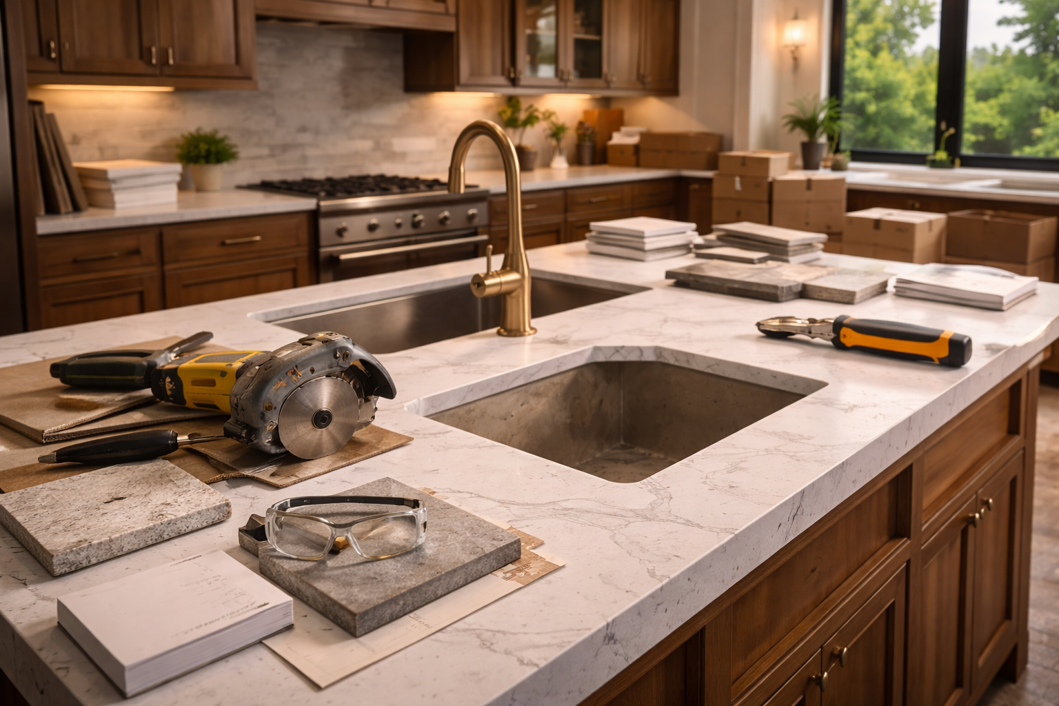 Kitchen countertop remodel with updated surfaces, coordinated cabinetry, sink area, and a refined worktop layout