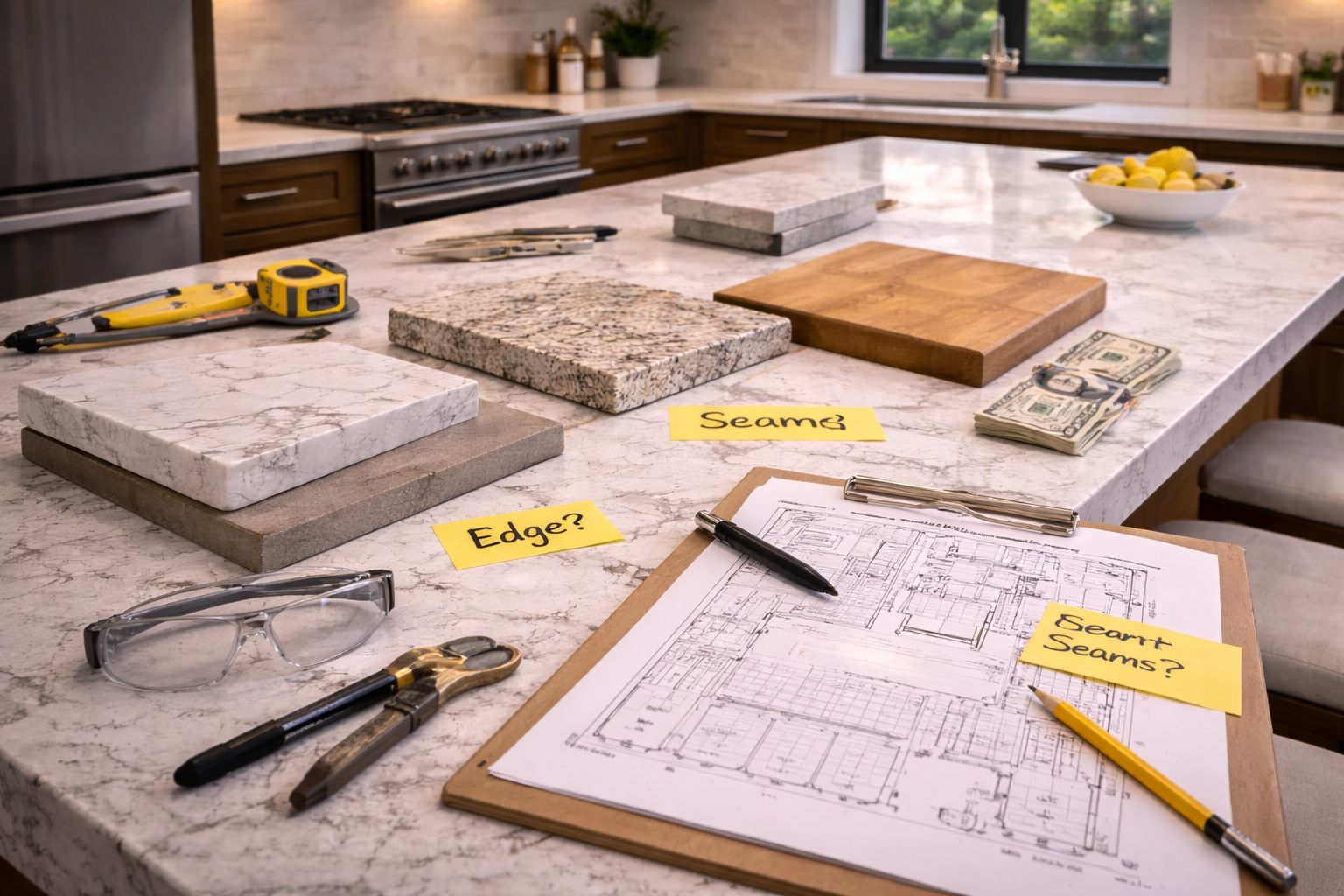 Countertop remodel planning graphic with surface options, edge profiles, sink cutouts, and kitchen layout measurements